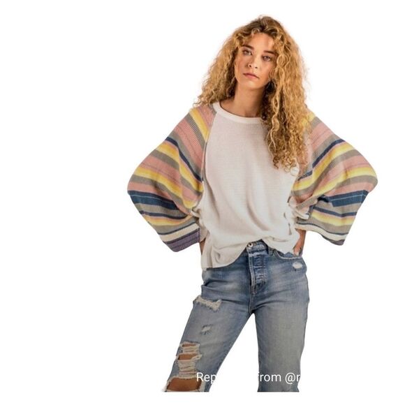 Free People We the Free rainbow dreams thermal balloon sleeve top size S - Picture 1 of 16